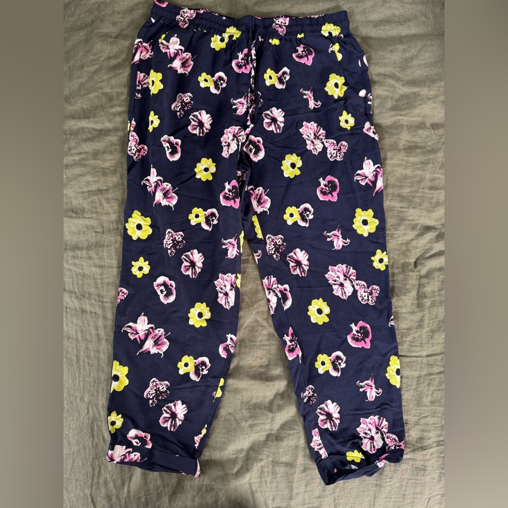 JCrew Navy Floral Print Drawstring Cropped Pant